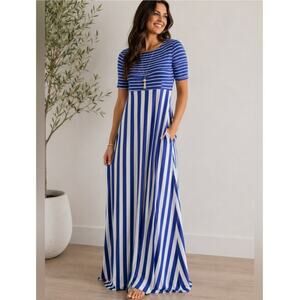 Matilda Jane Maxi Dress S Road Ahead Nautical Stripe Blue White Cotton Pockets